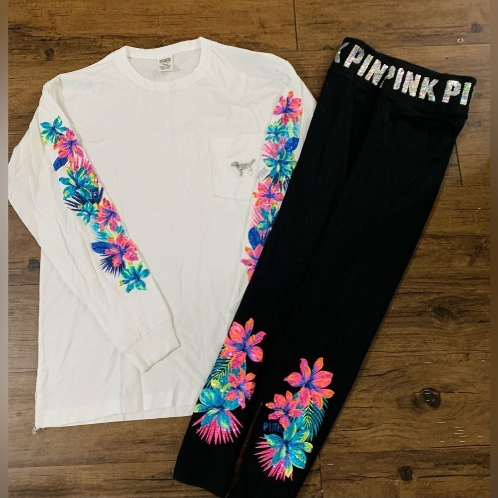 PINK VS TROPICAL BLING TSHIRT / YOGA LEGGINGS OUTFIT SET S/M